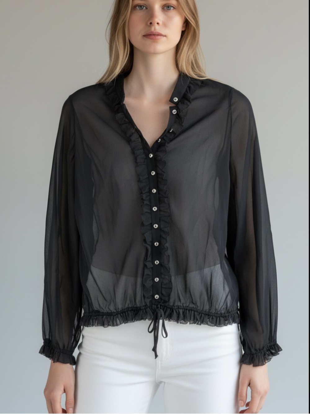 Designer silk black button down blouse size small